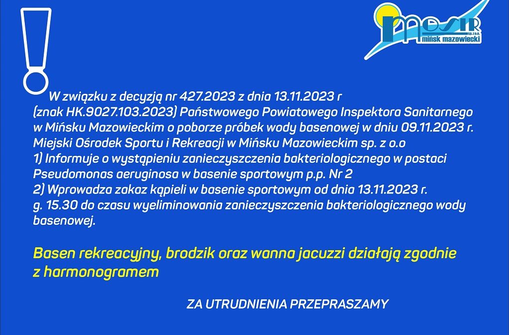 Decyzja nr 427.2023 z dnia 13.11.2023 Państwowego Powiatowego Inspektora Sanitarnego w Mińsku Mazowieckim w raz z wynikami badań PSSE oraz GBA POLSKA