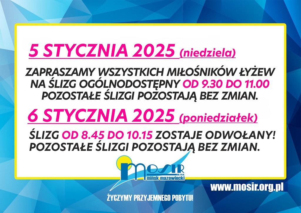 5 stycznia 2025 (niedziela) zapraszamy wszystkich miłośników łyżew na ślizg ogólnodostępny od 9:30 do 11:00 pozostałe ślizgi pozostają bez zmian. 6 stycznia 2025 (poniedziałek) ślizg od 8:45 do 10:15 zostaje odwołany! pozostałe ślizgi bez zmian.