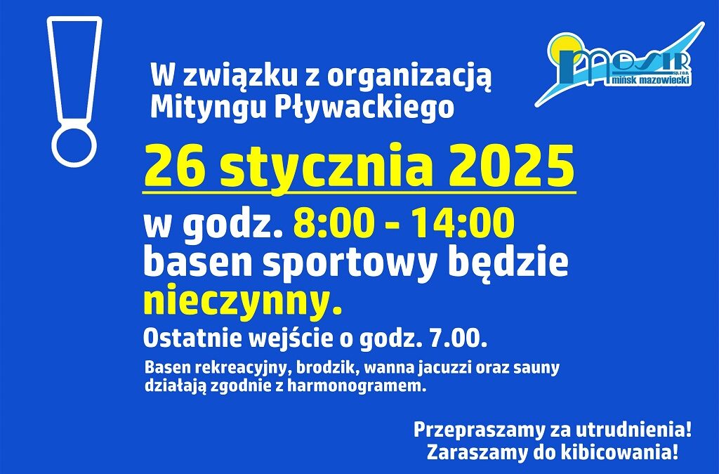 26.01.2025 basen sportowy będzie niedostępny w godzinach 8:00-14:00