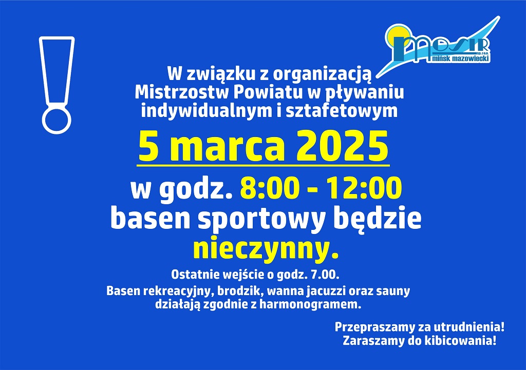W związku z organizacją Mistrzostw Powiatu w pływaniu indywidualnym i sztafetowym 5 marca 2025 w godz. 8:00-12:00 basen sportowy będzie nieczynny. Ostatnie wejście o godz. 7:00. Basen rekreacyjny, brodzik, wanna jacuzzi oraz sauny działają zgodnie z harmonogramem. Przepraszamy za utrudnienia! Zapraszamy do kibicowania!