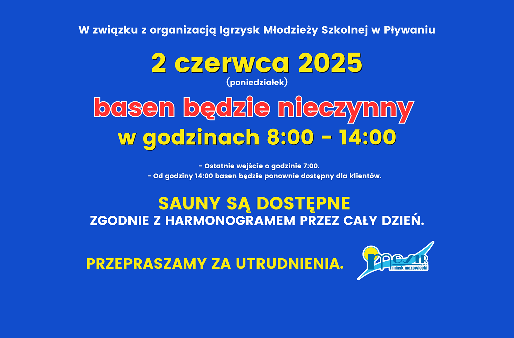 2 czerwca 2025 basen będzie nieczynny w godzinach 8-14