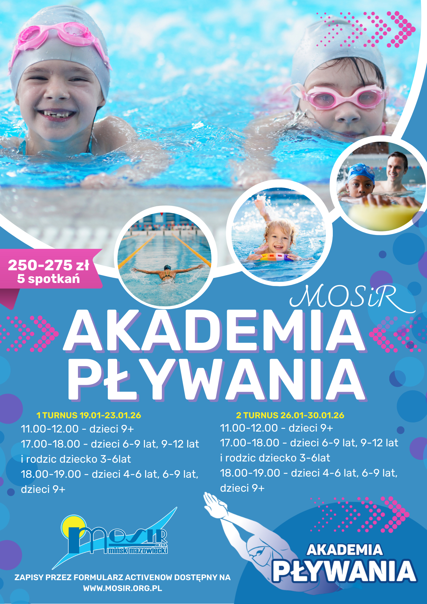 akademia pływania Zimowa Akademia Pływania MOSiR – zajęcia dla dzieci w różnych grupach wiekowych, dwa turnusy w styczniu, 5 dni treningów pod okiem instruktorów. Cena 250–275 zł. Zapisy przez formularz ActiveNow.