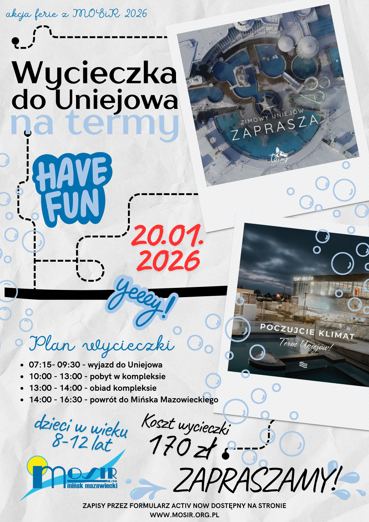 wycieczka uniejow Wycieczka na Termy Uniejów dla dzieci 8–12 lat podczas ferii 2026. Relaks w basenach termalnych, obiad i bezpieczna opieka. Zapisy przez formularz Activ Now. Zapraszamy!