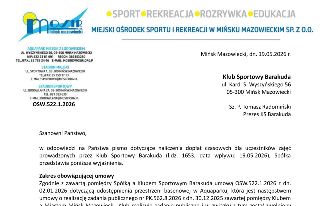 OŚWIADCZENIE MOSiR Mińsk Mazowiecki sp. z o.o.