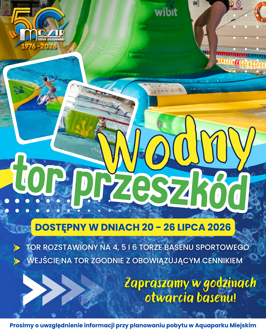 wodny tor przeszkod Ważna informacja dla Klientów Aquaparku Miejskiego ul. Wyszyńskiego 56. W związku z planowanymi zawodami szkół podstawowych w pływaniu indywidualnym i sztafetowym 9 i 11 marca 2026 w godz. 8.30-13.00 część sportowa Aquaparku Miejskiego będzie niedostępna dla Klientów indywidualnych. Strefa rekreacyjna oraz Saunarium funkcjonuje bez zmian. klienci indywidualni korzystają z szatni rodzinnej i strefy Saunarium. Za utrudnienia przepraszamy i zapraszamy do kibicowania!